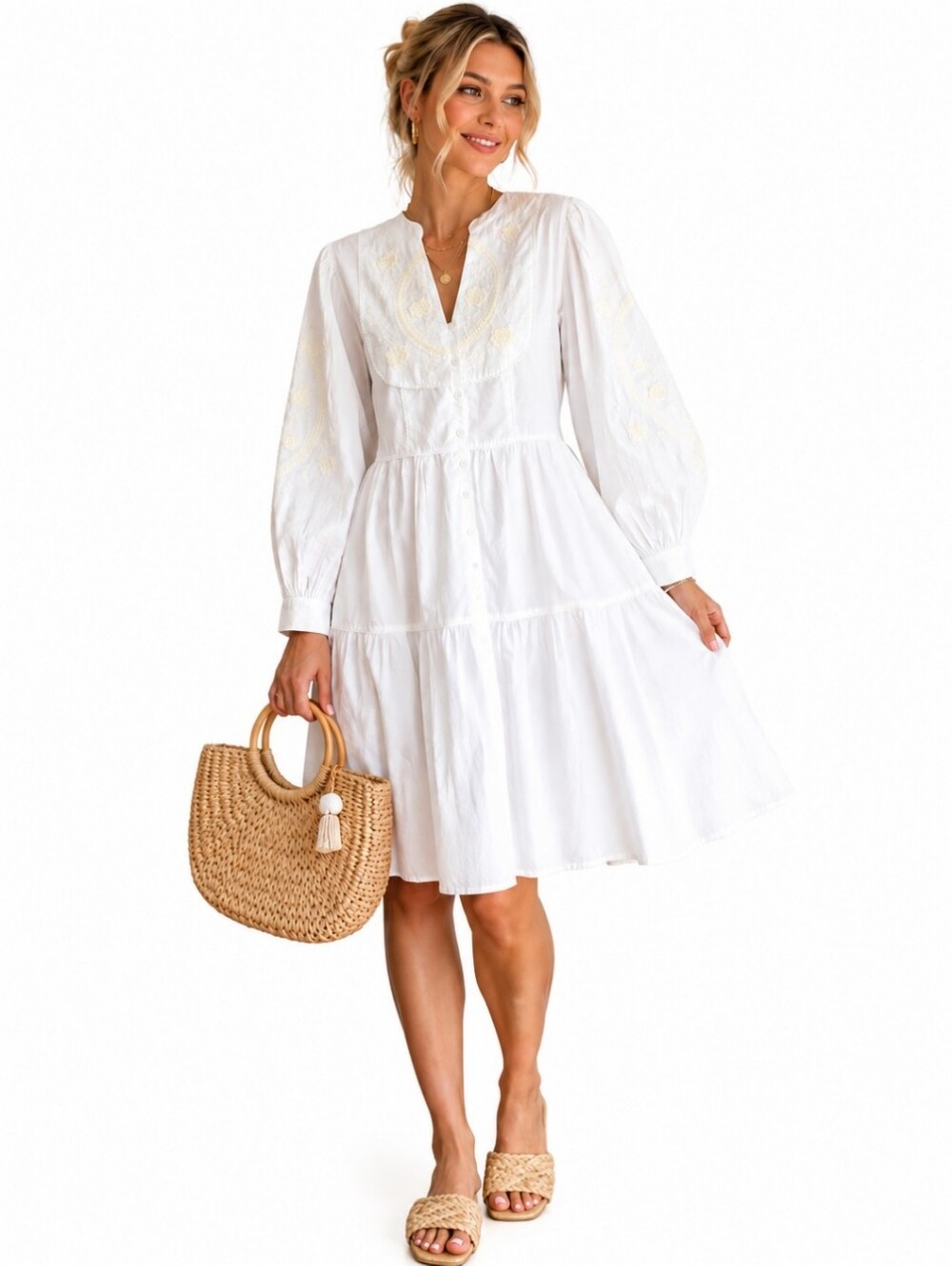 Embroidered 100% Cotton Mini Dress Cottagecore  Miss Lavish London White 6/8